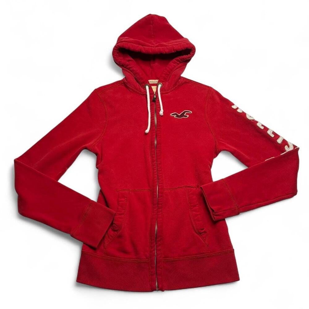 Vintage Hollister Y2K Red Zip up Hoodie cotton embroidered patch logo Medium